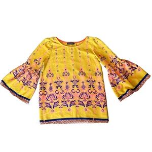Orange Caramel Flowy Bohemian Bell Sleeve Top in Yellow